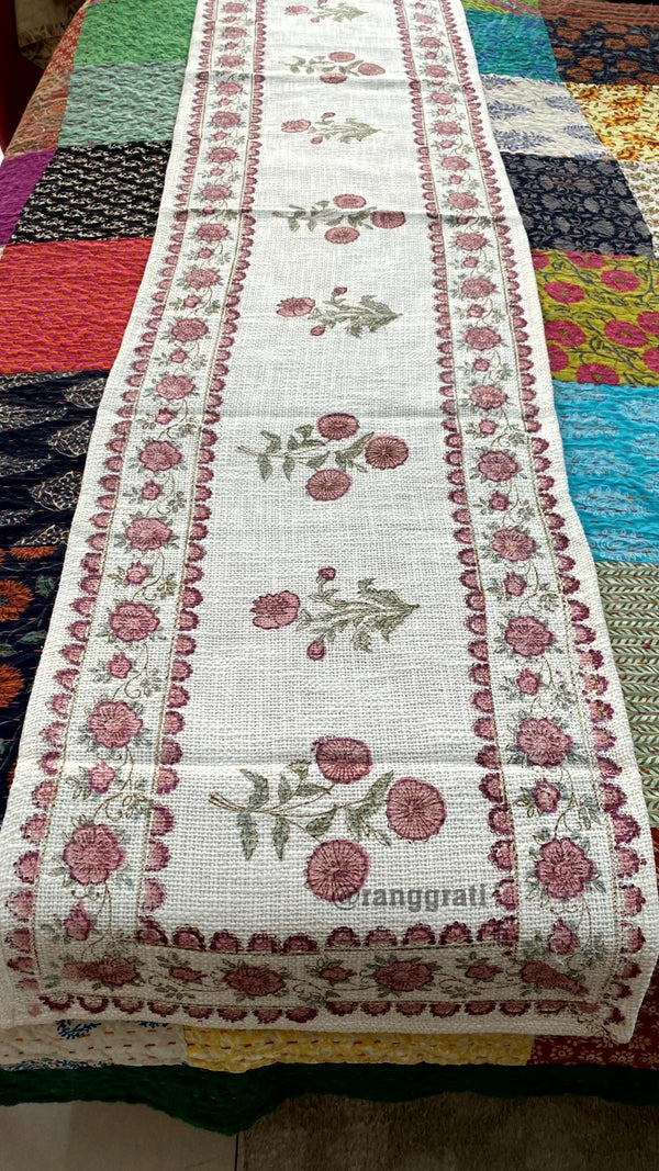 Pink Floral Jute Cotton Table Runner For 6 Seater Dining Table - Table Runner
