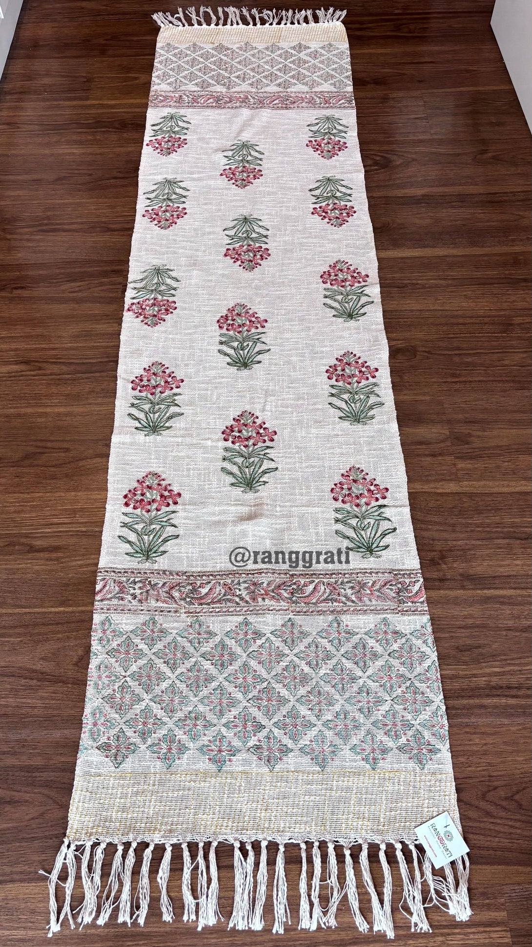 Pink Floral Jute Cotton Table Runner  For 6 Seater