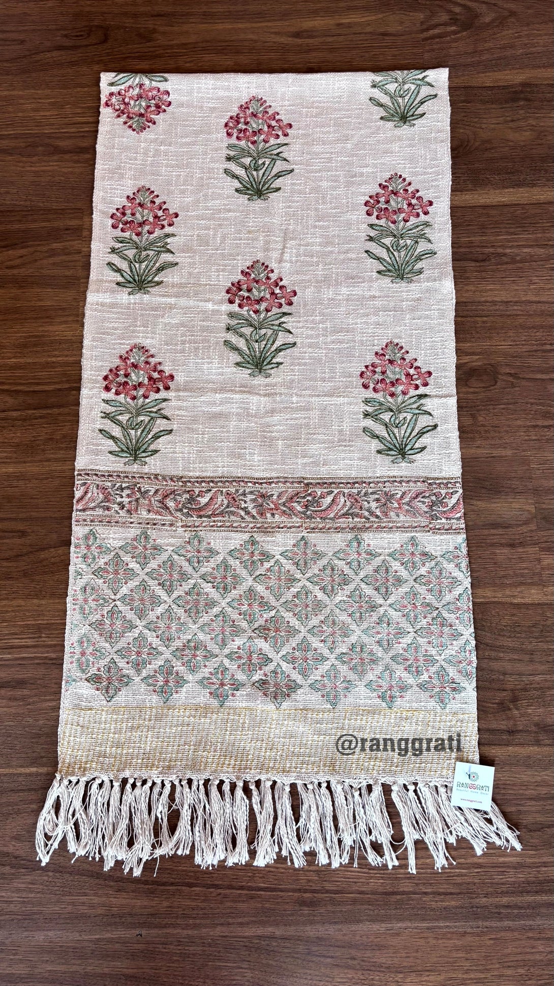 Pink Floral Jute Cotton Table Runner Hand Block Print For 6 Seater Dining Table