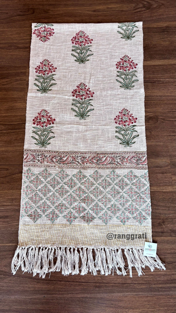Pink Floral Jute Cotton Table Runner Hand Block Print For 6 Seater Dining Table
