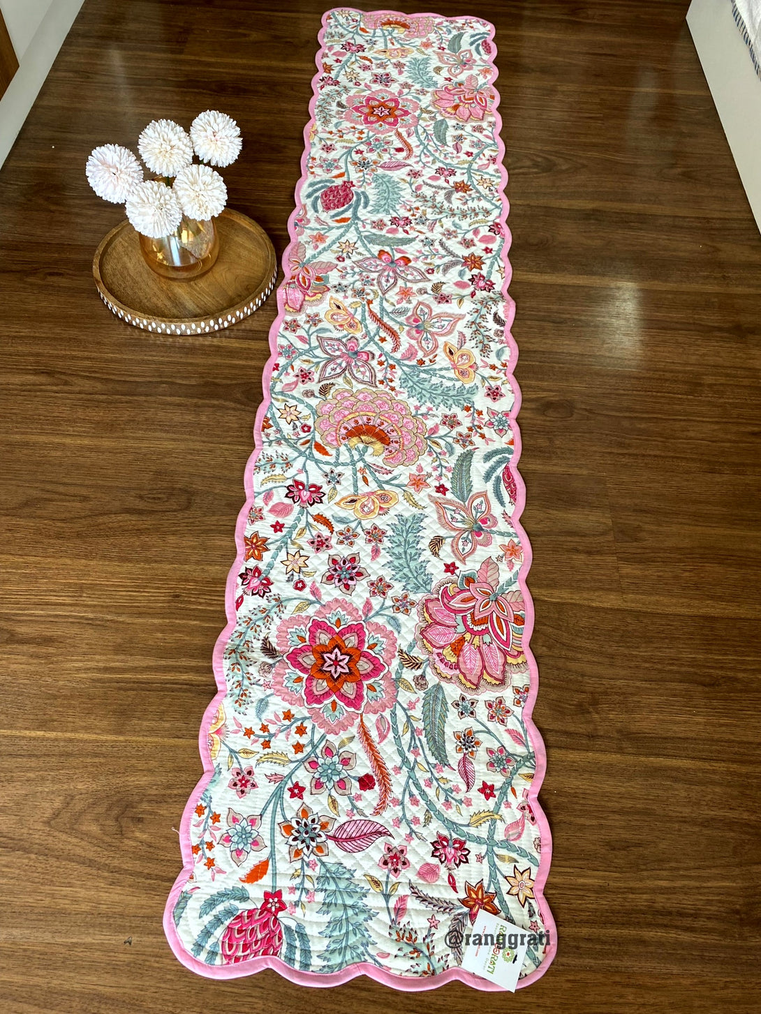 Pink Floral Quilted Table Runner For 6 Seater Dining Table
