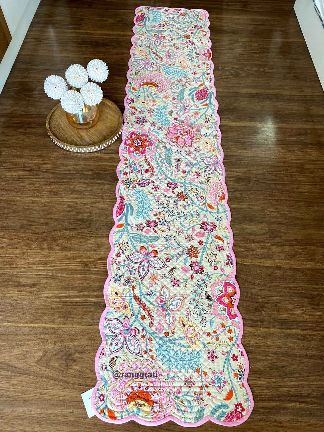 Pink Floral Quilted Table Runner For 6 Seater 
