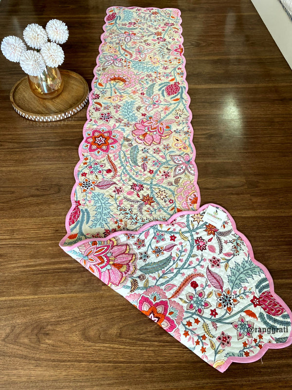 Pink Floral Quilted Table Runner For 6 Seater Dining Table Reversible