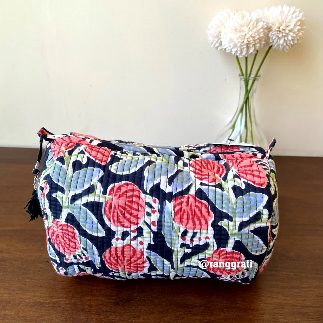 Pink Floral Quilted Travel Pouch Hand Block Set of 2 - Pouch