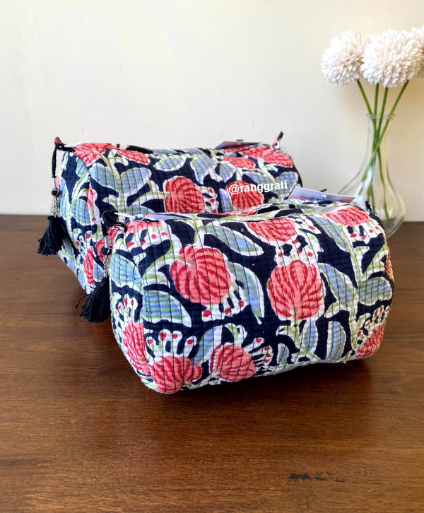Pink Floral Quilted Travel Pouch Hand Block Set of 2 - Pouch