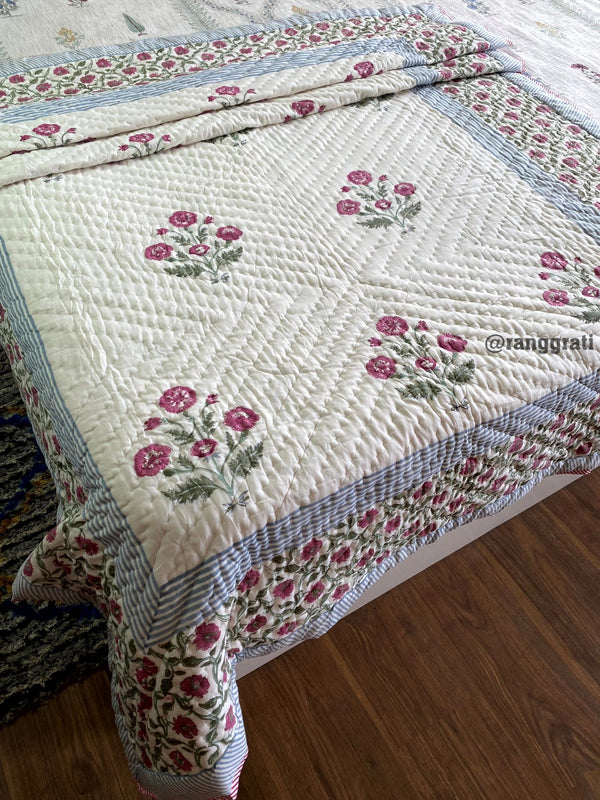 Pink Floral Single Bed Jaipuri Razai / Quilt Cotton Hand Block - Razai