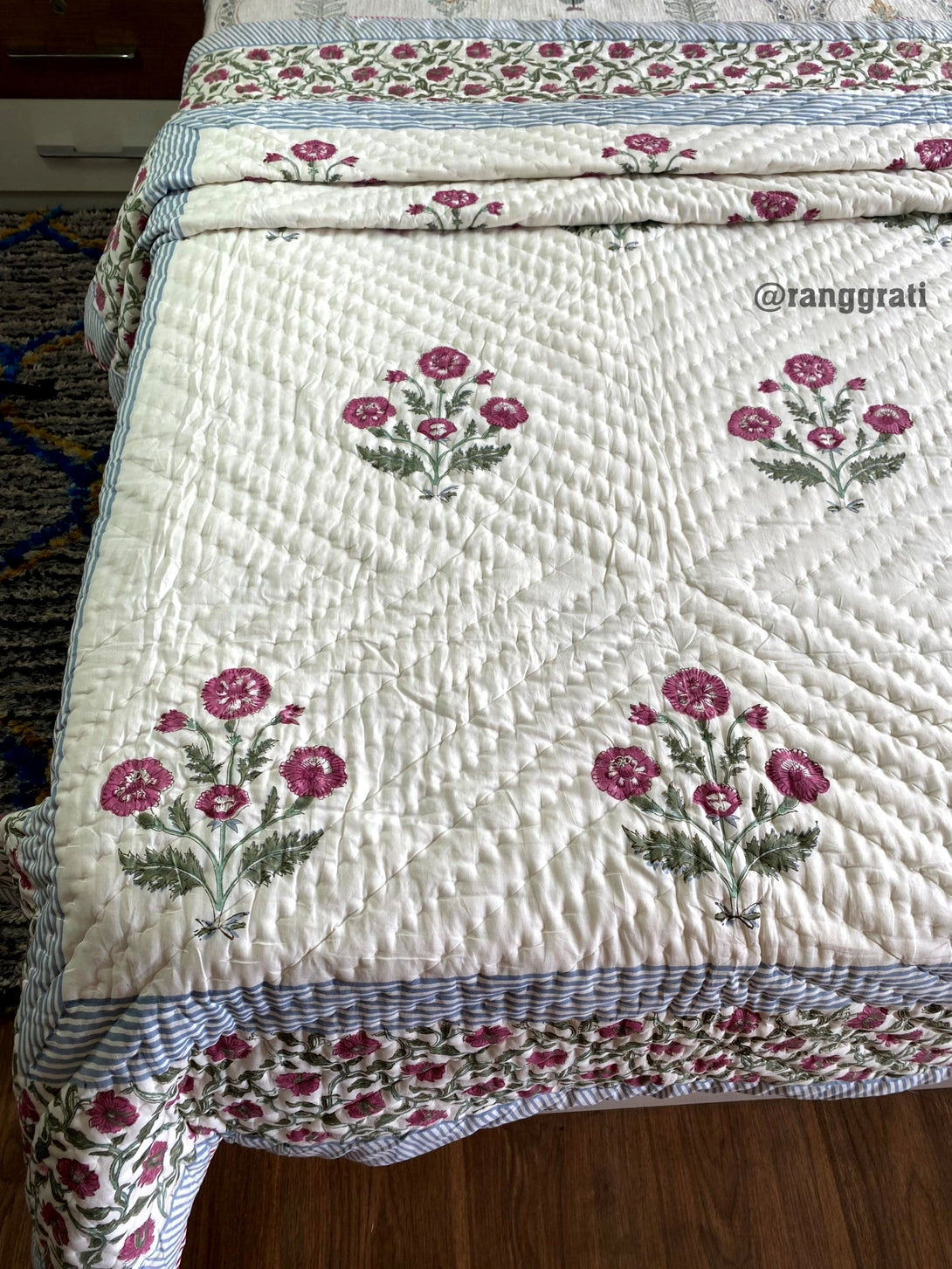 Pink Floral Single Bed Jaipuri Razai / Quilt Cotton Hand Block - Razai
