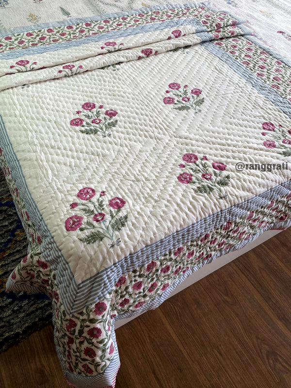 Pink Floral Single Razai / Quilt Cotton Hand Block Jaipuri