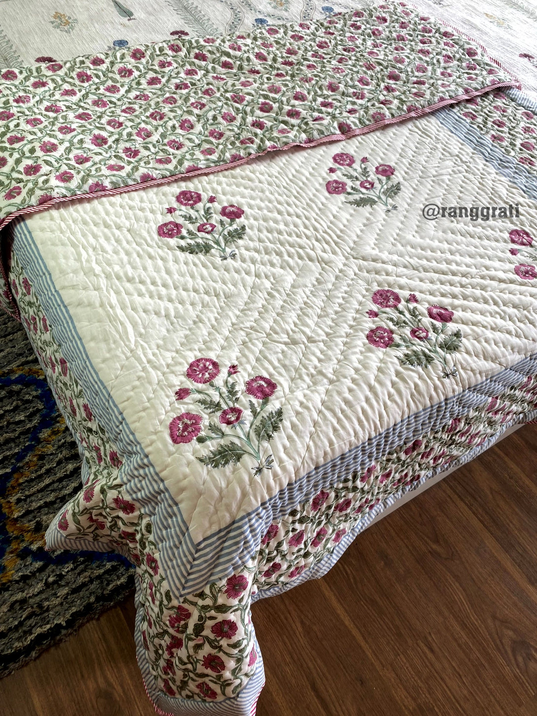 Pink Floral Single Razai / Quilt Hand Block Jaipuri Cotton
