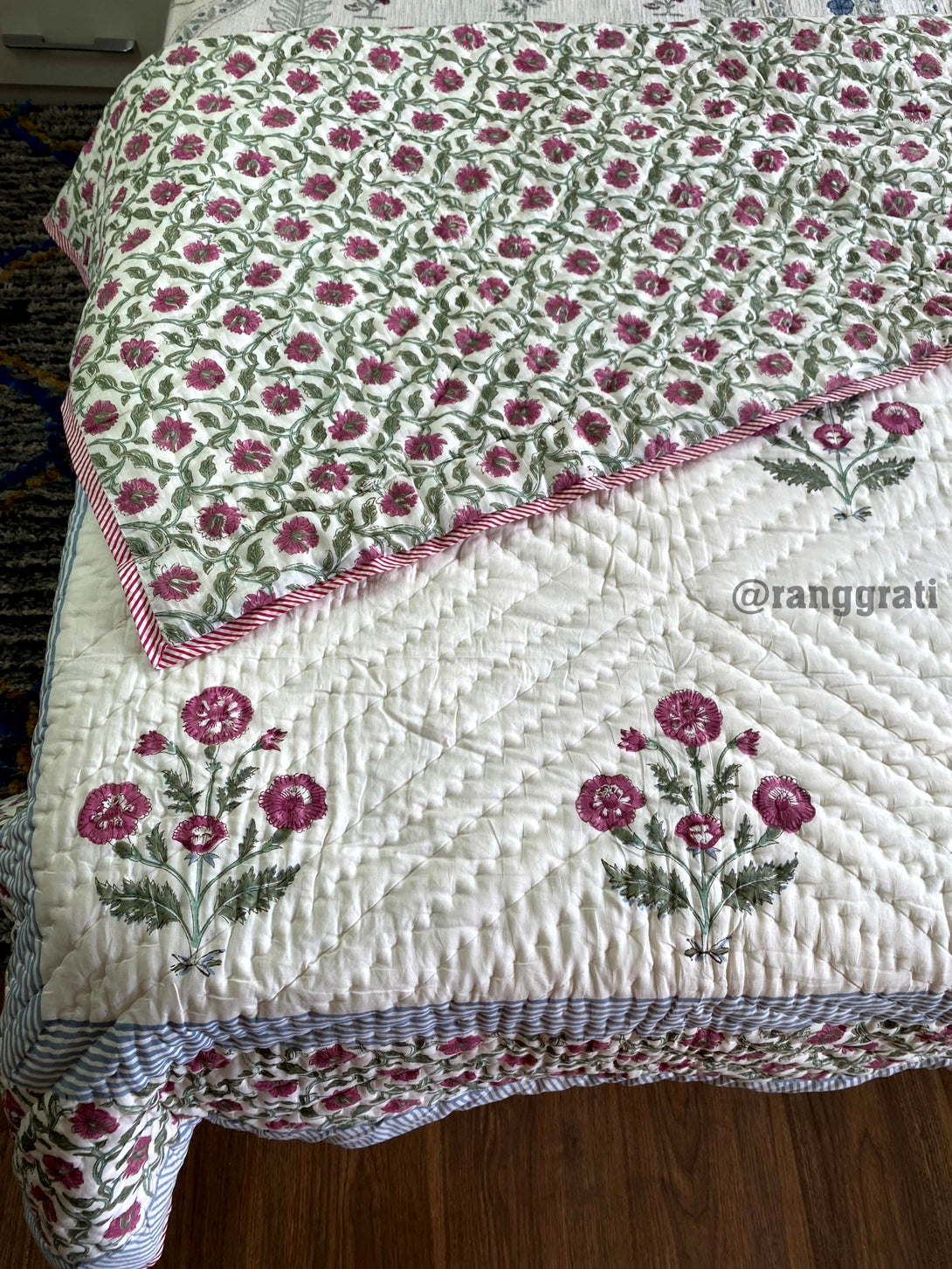 Pink Floral Single Razai / Quilt Cotton Hand Block Jaipuri Reversible
