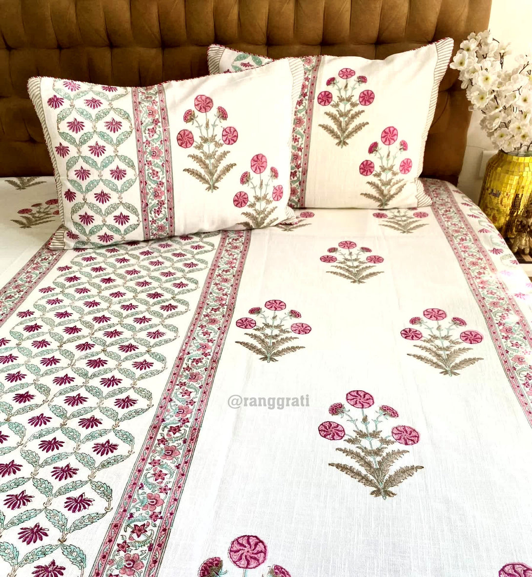 Pink Floral Slub Cotton Bedcover King Size - Bedcover
