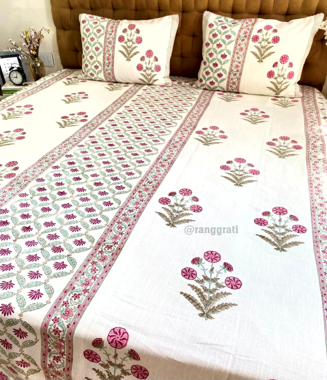 Pink Floral Slub Cotton Bedcover King Size - Bedcover