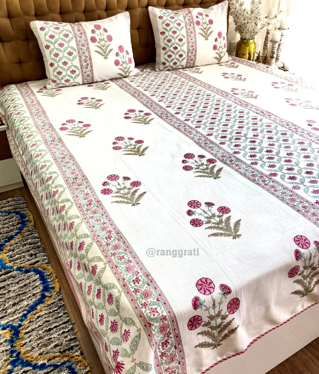 Pink Floral Slub Cotton Bedcover King Size - Bedcover