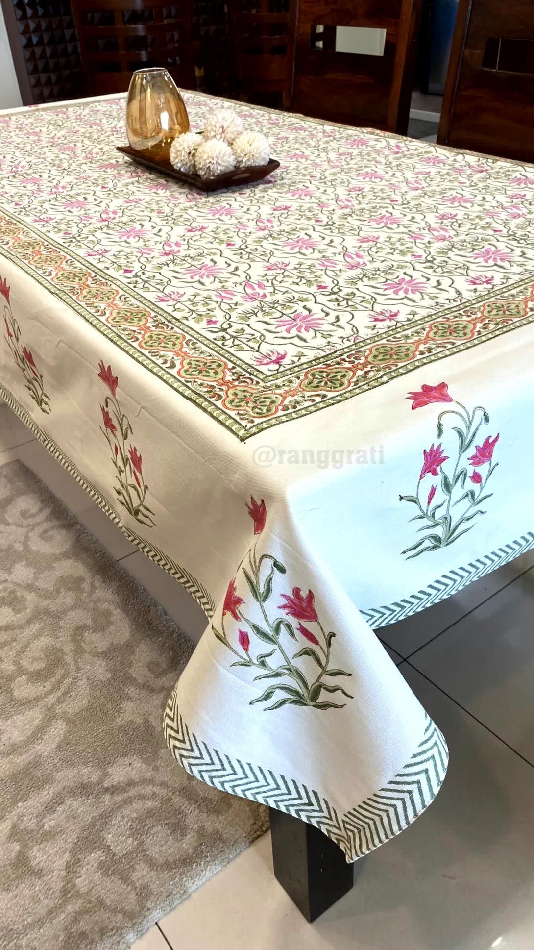 Pink Floral Table Cover Cloth 6 Seater Dining Table Rectangular - Table Cover