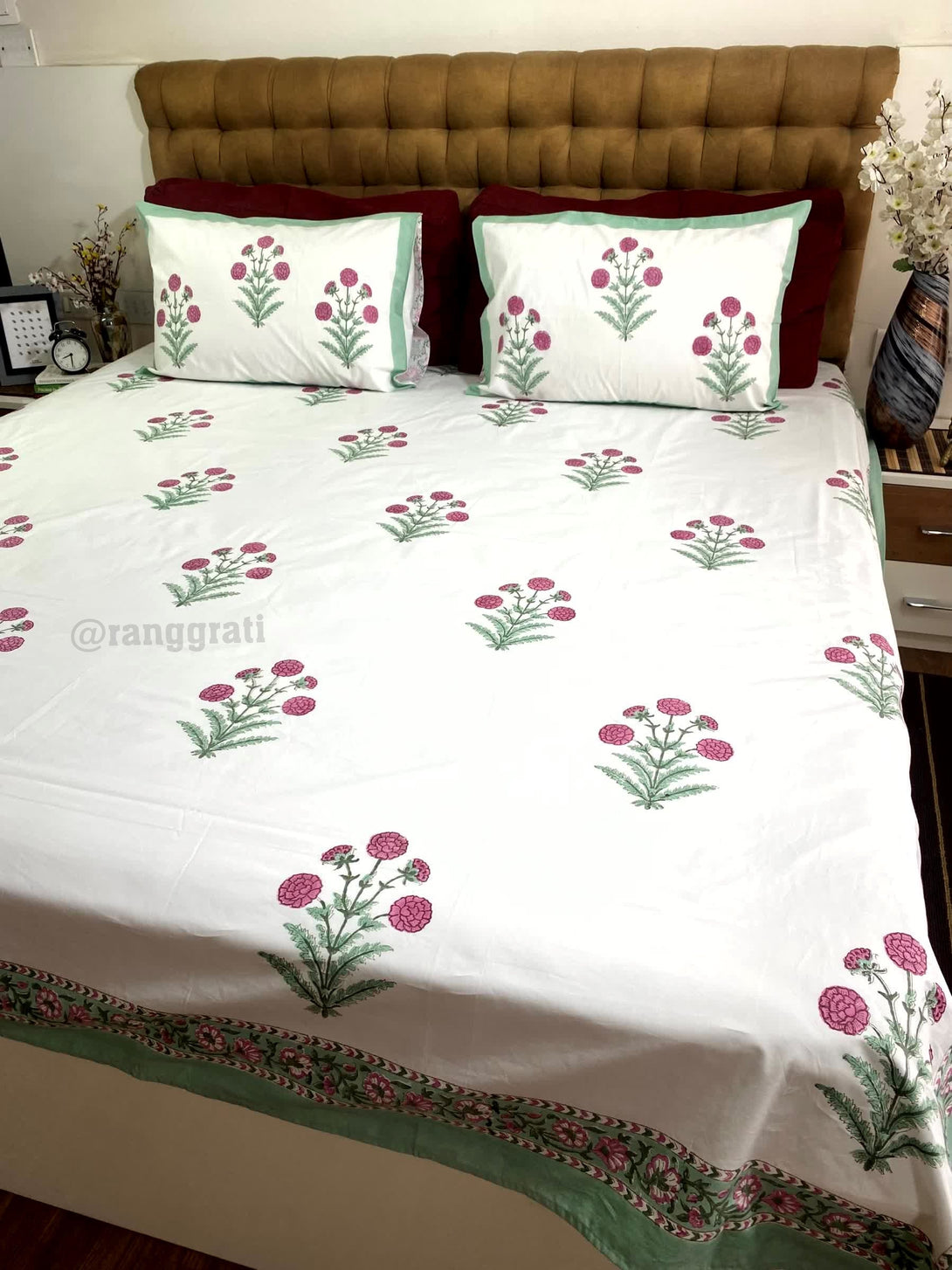 Pink Floral With Green Border King Size 250 TC Bedsheet Hand Block - Bedsheet