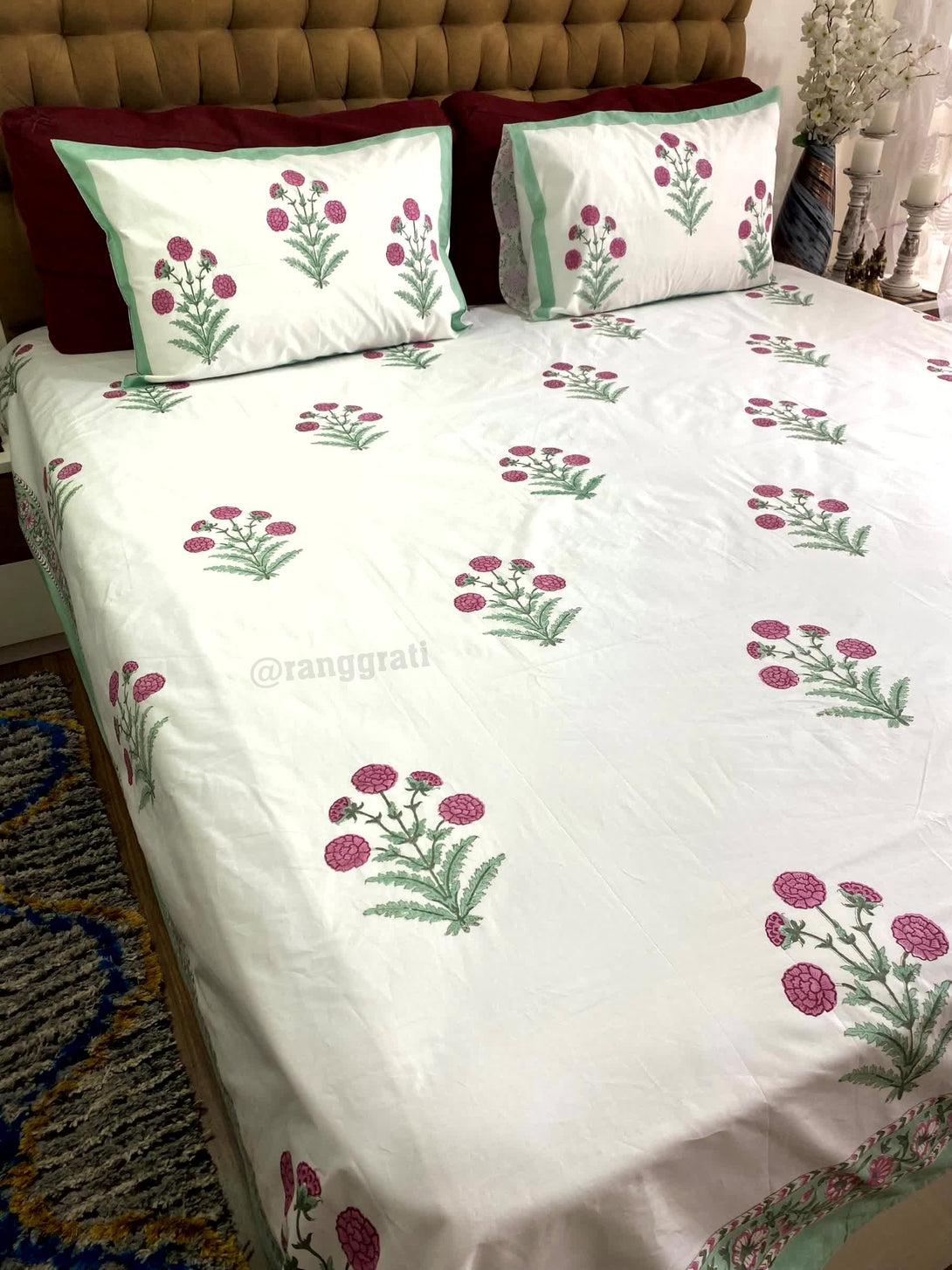 Pink Floral With Green Border King Size 250 TC Bedsheet Hand Block - Bedsheet