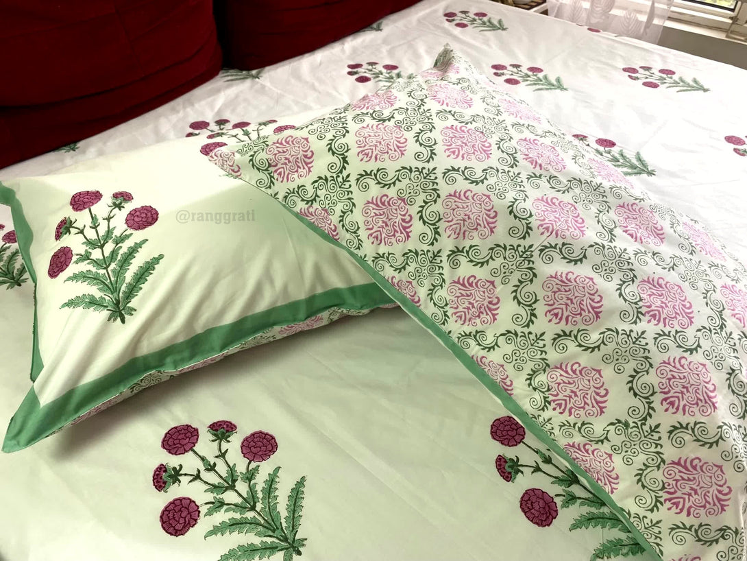 Pink Floral With Green Border King Size 250 TC Bedsheet Hand Block - Bedsheet