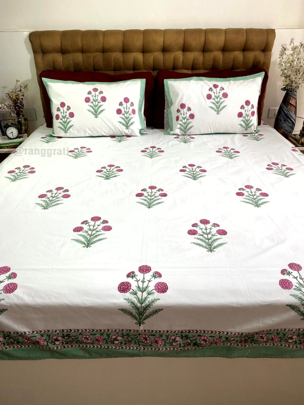Pink Floral With Green Border King Size 250 TC Bedsheet Hand Block - Bedsheet
