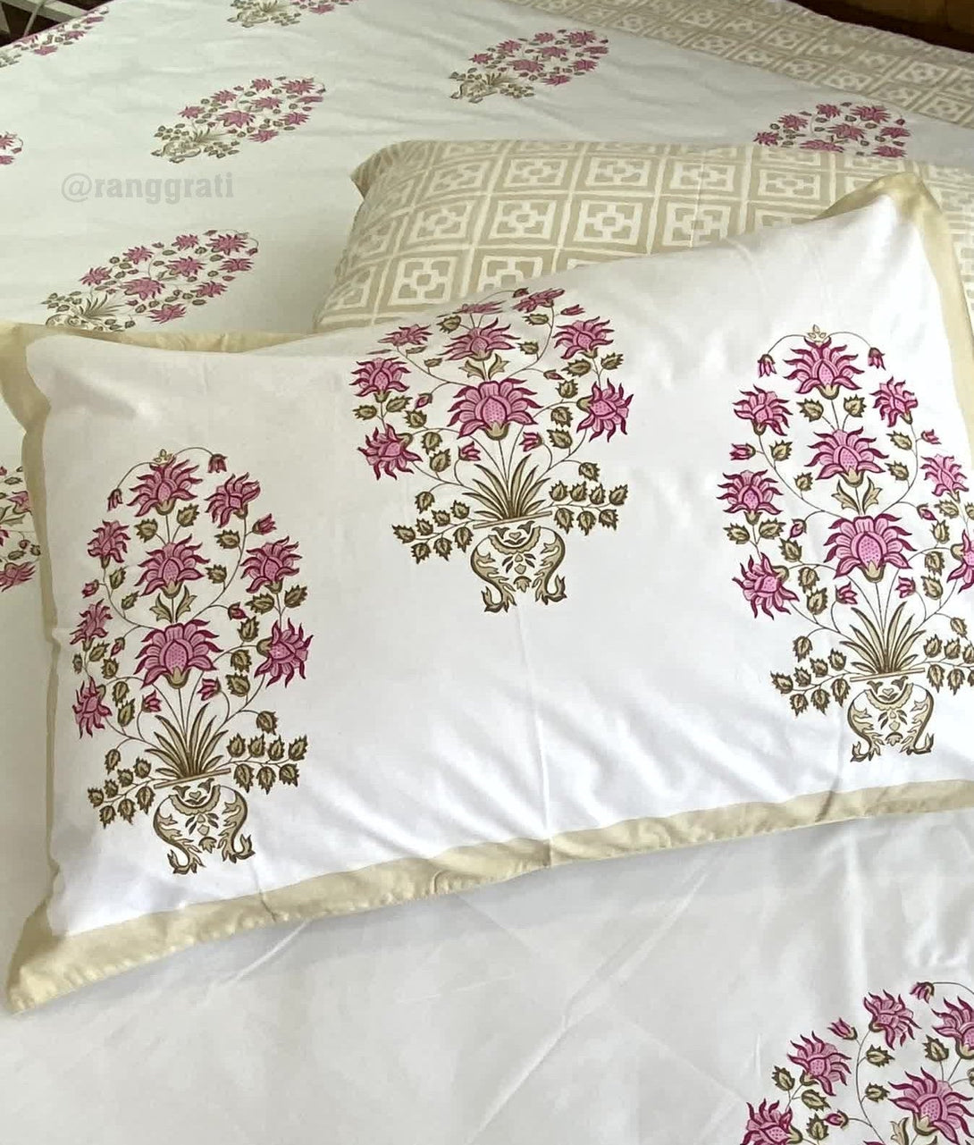 Pink Flower On White Base Super King Size 250 TC Bedsheet Cotton Hand Block - Bedsheet