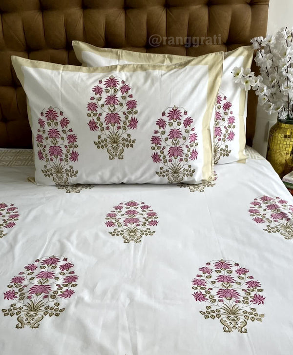 Pink Flower On White Base Super King Size 250 TC Bedsheet Cotton Hand Block - Bedsheet