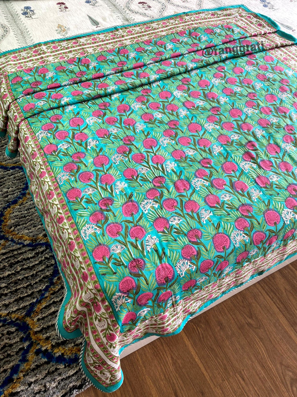 Pink Garden Dohar For Single Bed In Mulmul Cotton Reversible - Dohar