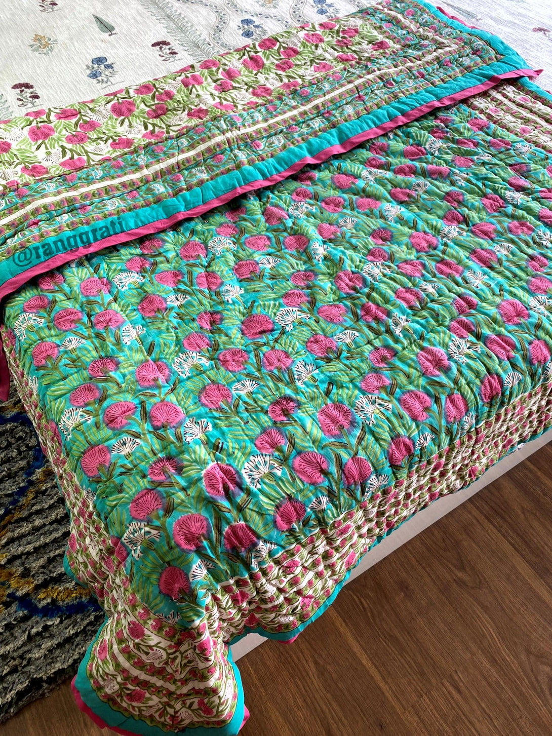 Pink Garden Single Bed Jaipuri Razai / Quilt Cotton Hand Block - Razai