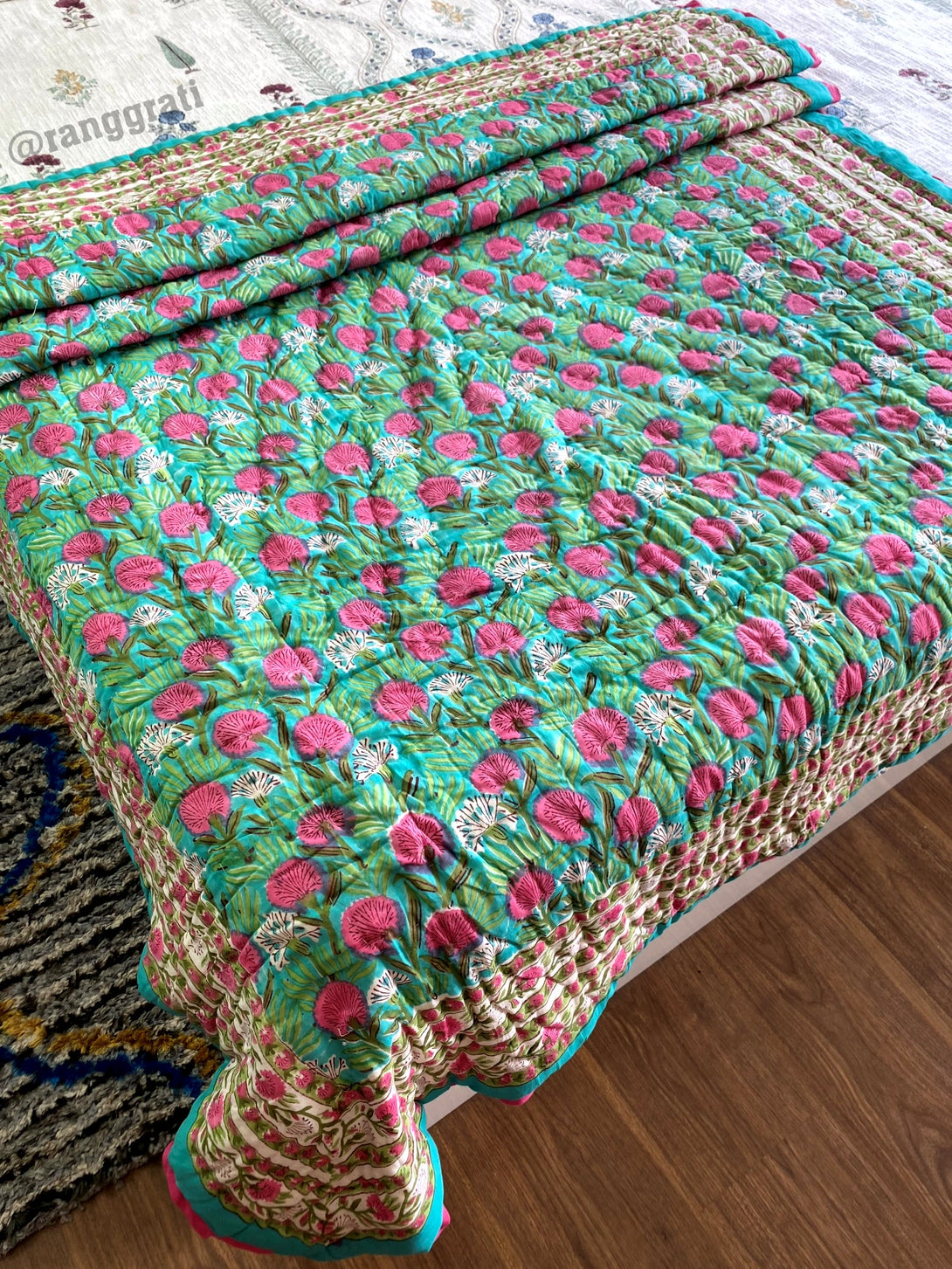 Pink Garden Single Jaipuri Quilt – Pure Cotton Hand Block Design