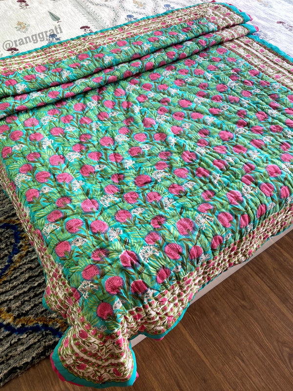 Pink Garden Single Jaipuri Quilt – Pure Cotton Hand Block Design