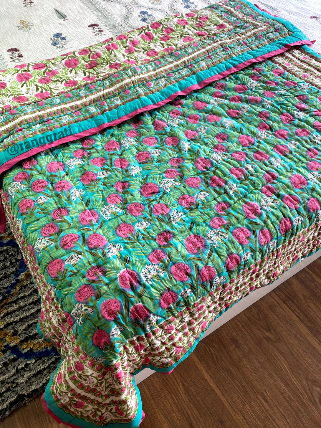 Jaipuri Cotton Quilt – Pink Floral Hand Block Printed Single Razai

