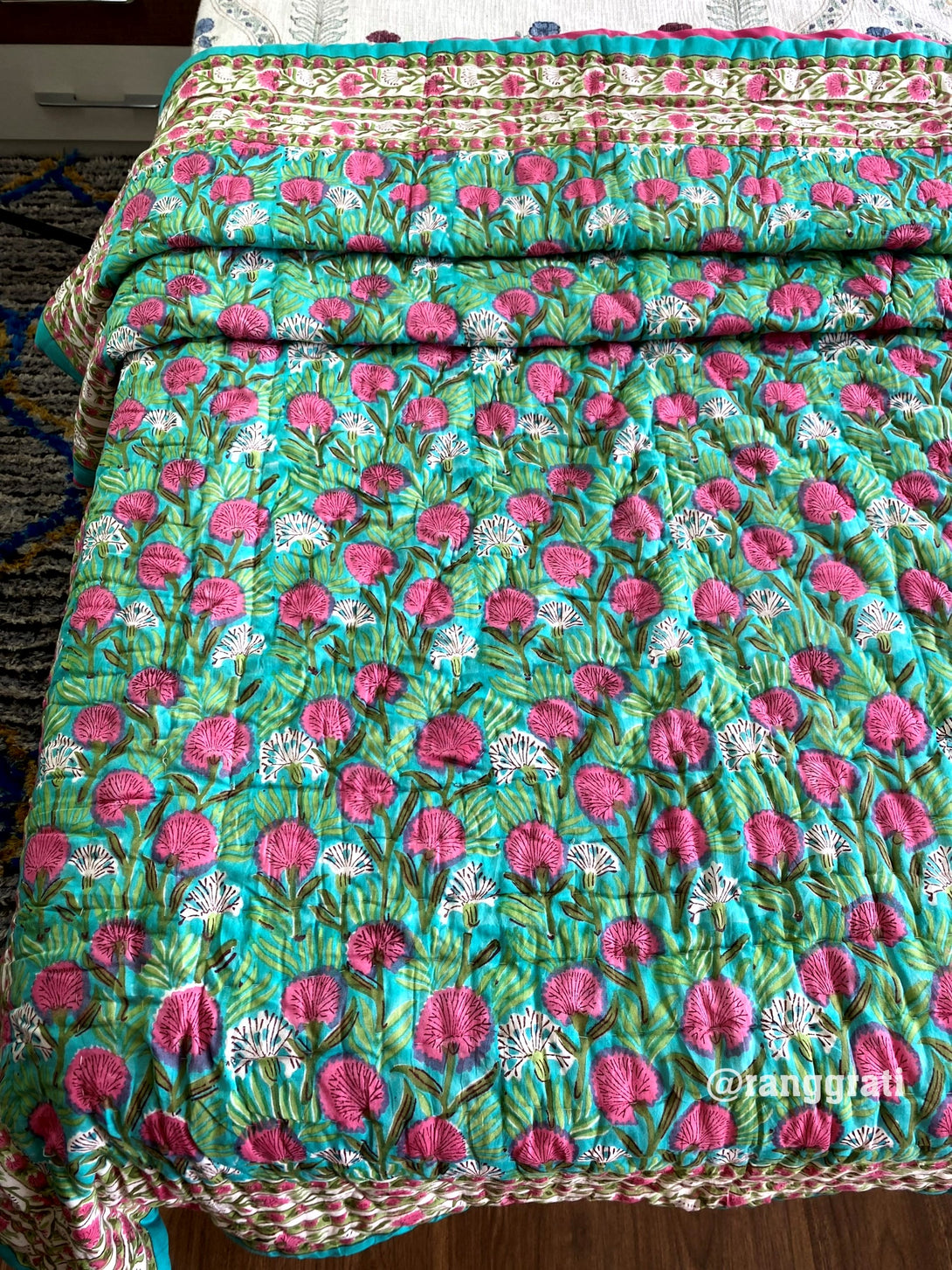 Single Cotton Razai / Quilt – Pink Floral Jaipuri Hand Block Print