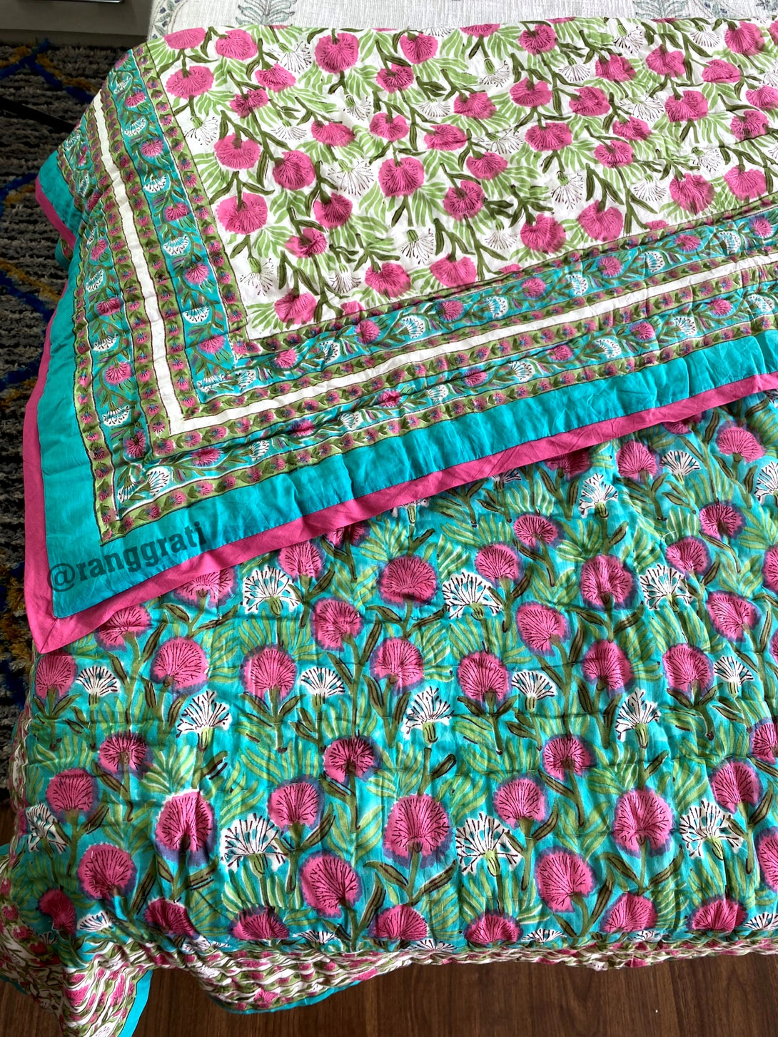 Pink Garden Single Razai / Quilt Cotton Hand Block Jaipuri Reversible