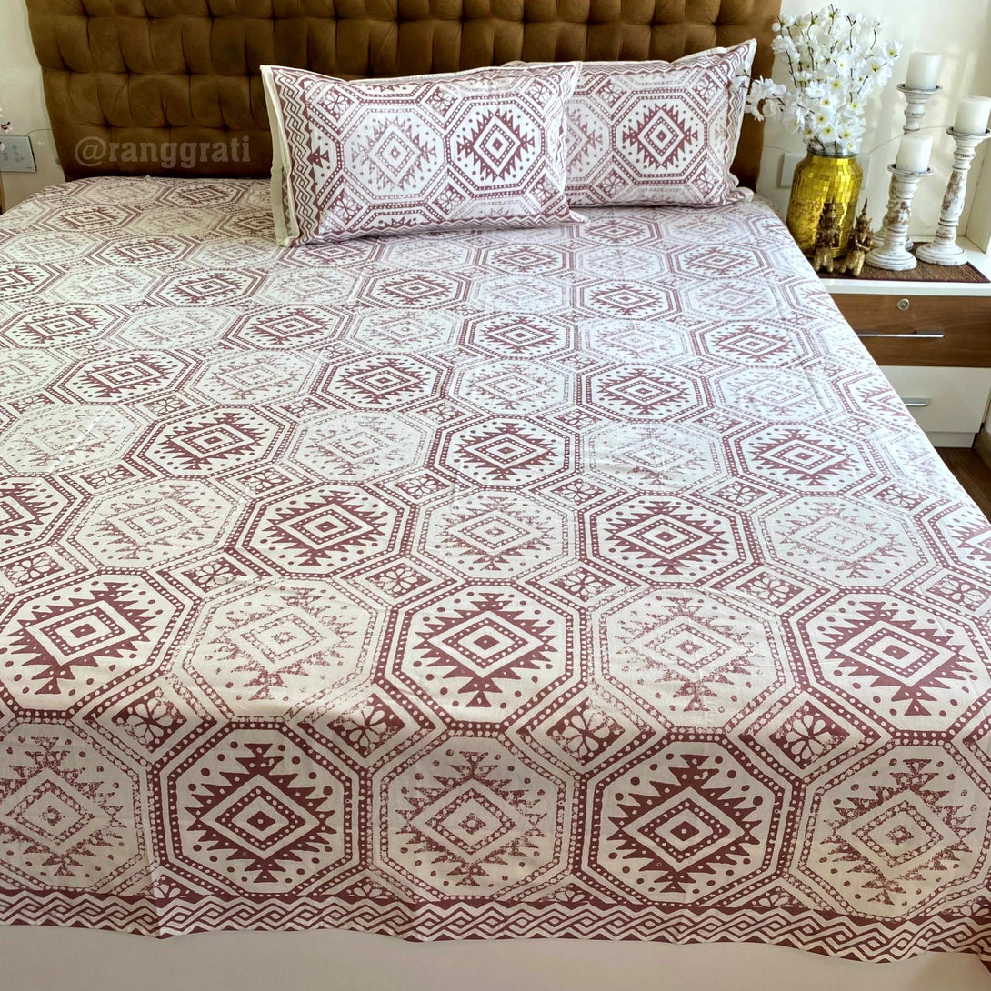 Pink Geometric Jaipuri Cotton Bedsheet King Size - Bedsheet