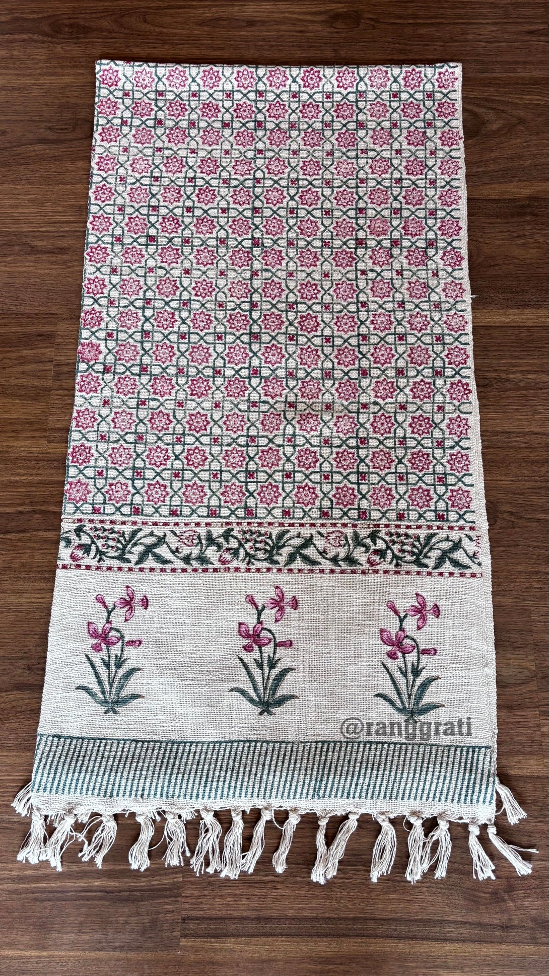 Pink Geometric Jute Cotton Table Runner For 6 Seater