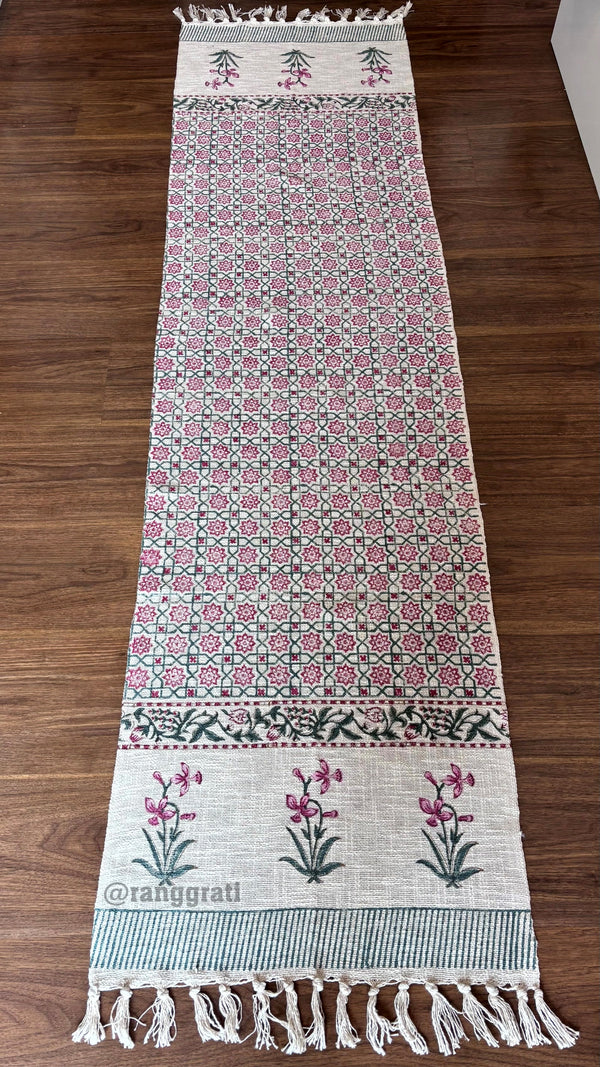 Pink Geometric Jute Cotton Table Runner Hand Block Print For 6 Seater Dining Table