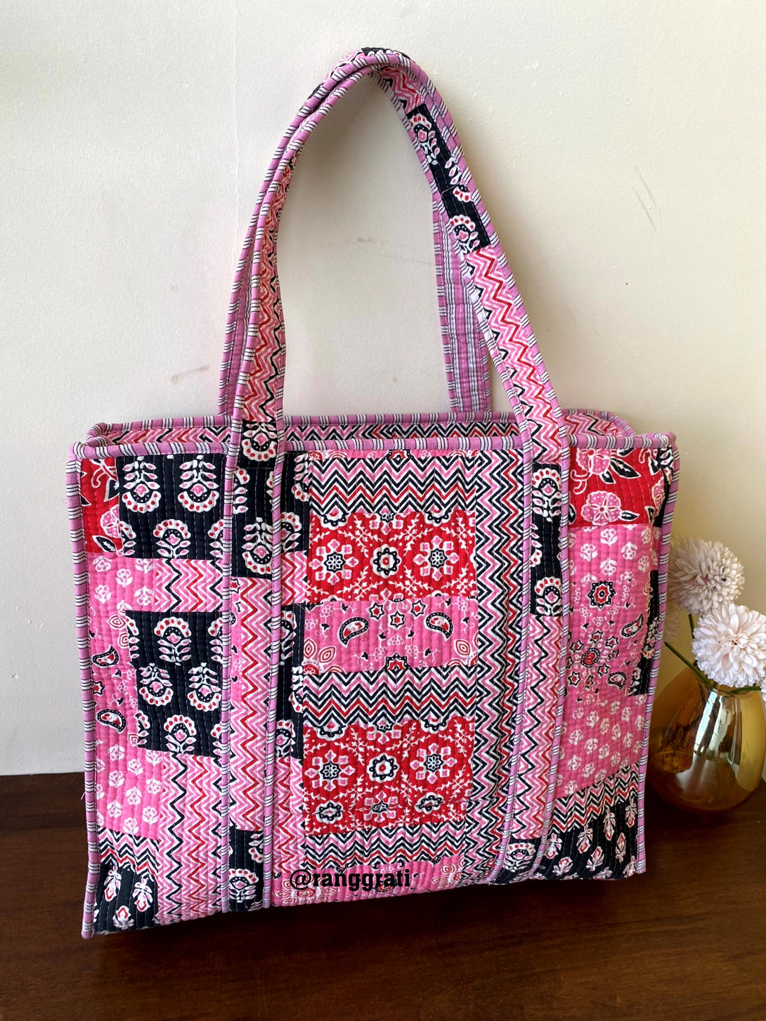 Pink Geometric Tote Bag Quilted Hand Block Printed In Cotton With Zip
