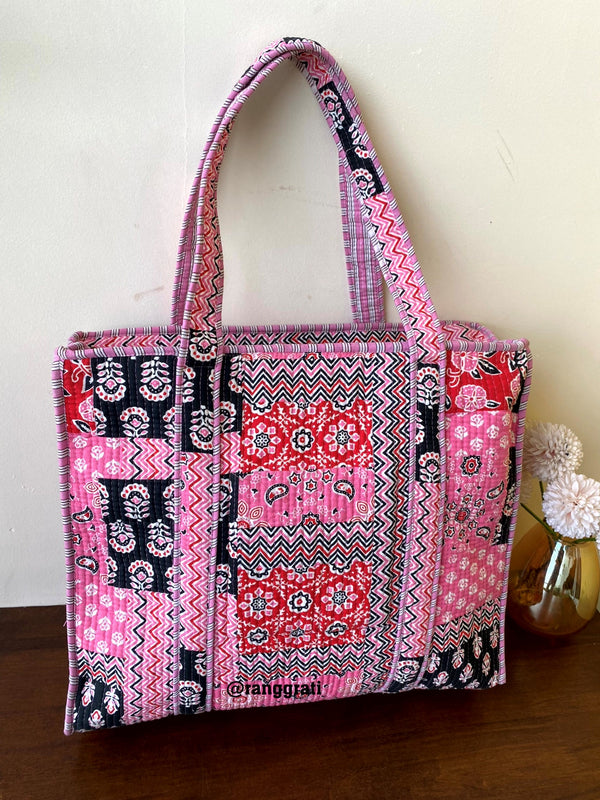 Pink Geometric Tote Bag Quilted Hand Block Printed In Cotton With Zip