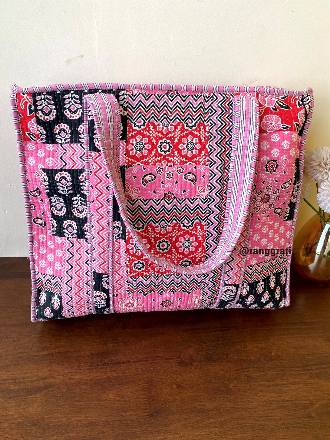 Pink Geometric Tote Bag Quilted