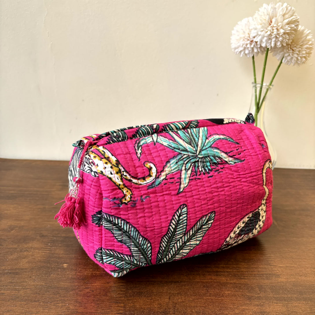 Pink Grass Quilted Travel Pouch Hand Block Set of 3 - Pouch