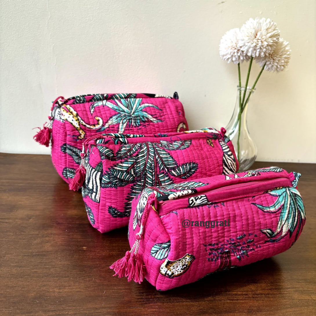 Pink Grass Quilted Travel Pouch Hand Block Set of 3 - Pouch