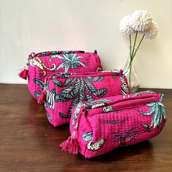 Pink Grass Quilted Travel Pouch Hand Block Set of 3 - Pouch