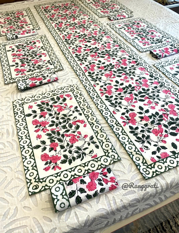 Pink Green Floral Table Runner With 6 Table Mats & 6 Napkins - Table Runner Set