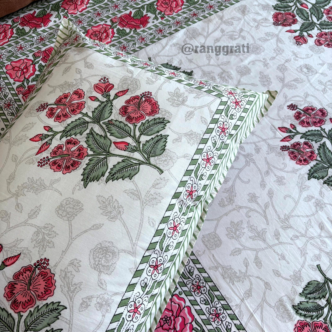 Pink Hibiscus Floral Jaipuri Cotton Bedsheet King Size - Bedsheet