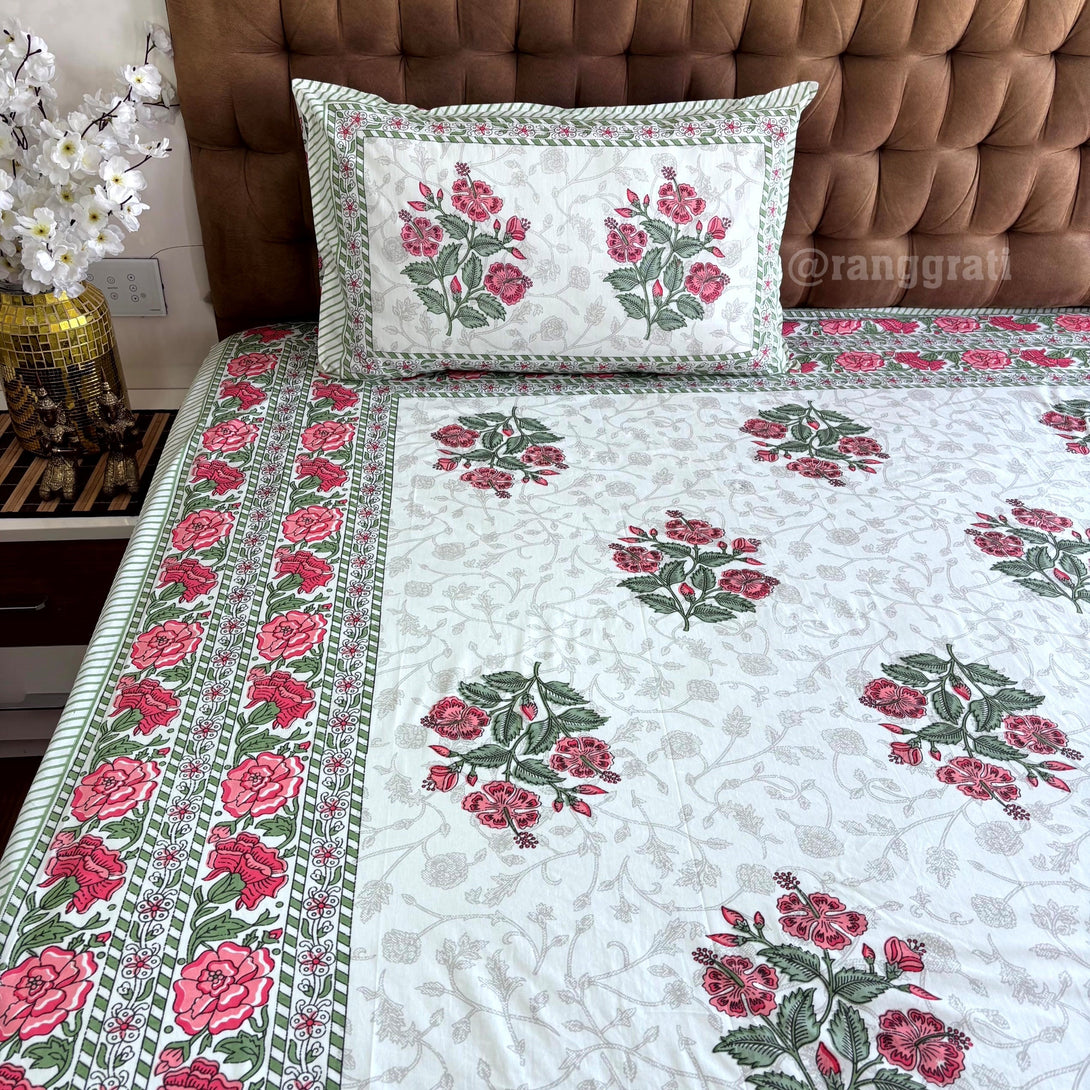 Pink Hibiscus Floral Jaipuri Cotton Bedsheet King Size - Bedsheet