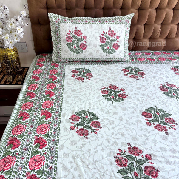 Pink Hibiscus Floral Jaipuri Cotton Bedsheet King Size - Bedsheet