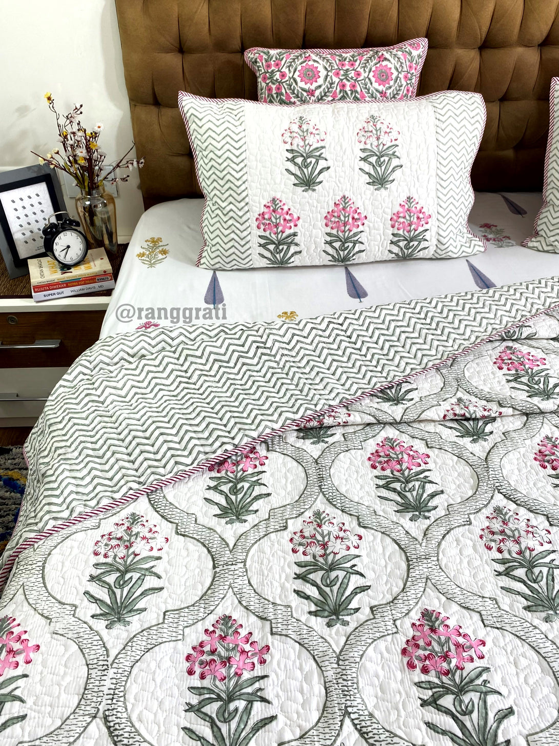 Pink Ixora Floral Mulmul Voile Quilted Bedcover King Size
