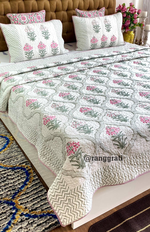 King Size Pink Ixora Floral Mulmul Voile Quilted Bedcover