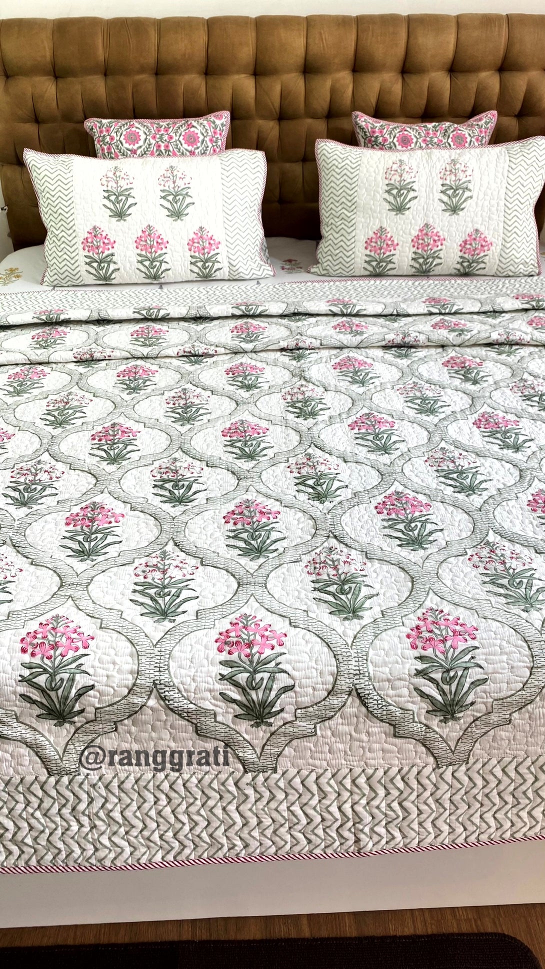 Pink Ixora Floral Quilted Bedcover King Size Mulmul Voile 