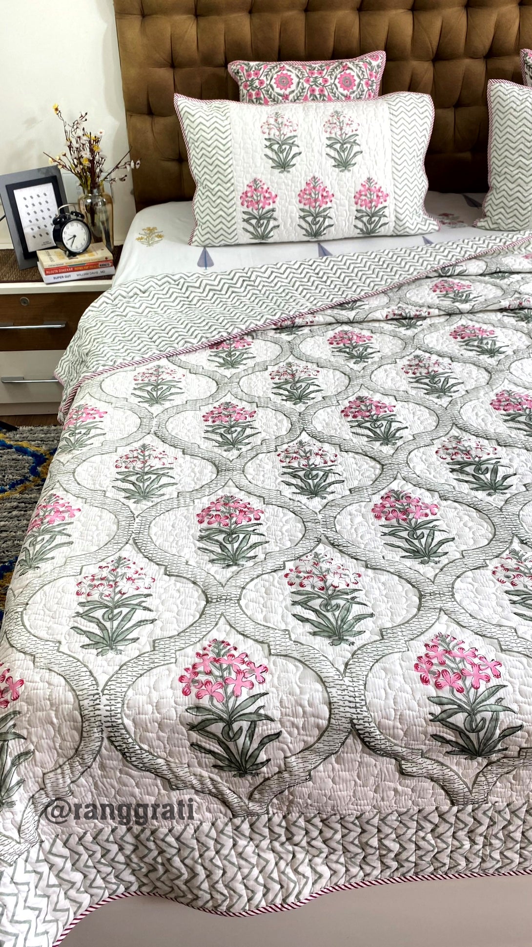 Pink Ixora Floral Quilted Bedcover King Size Mulmul Voile Reversible