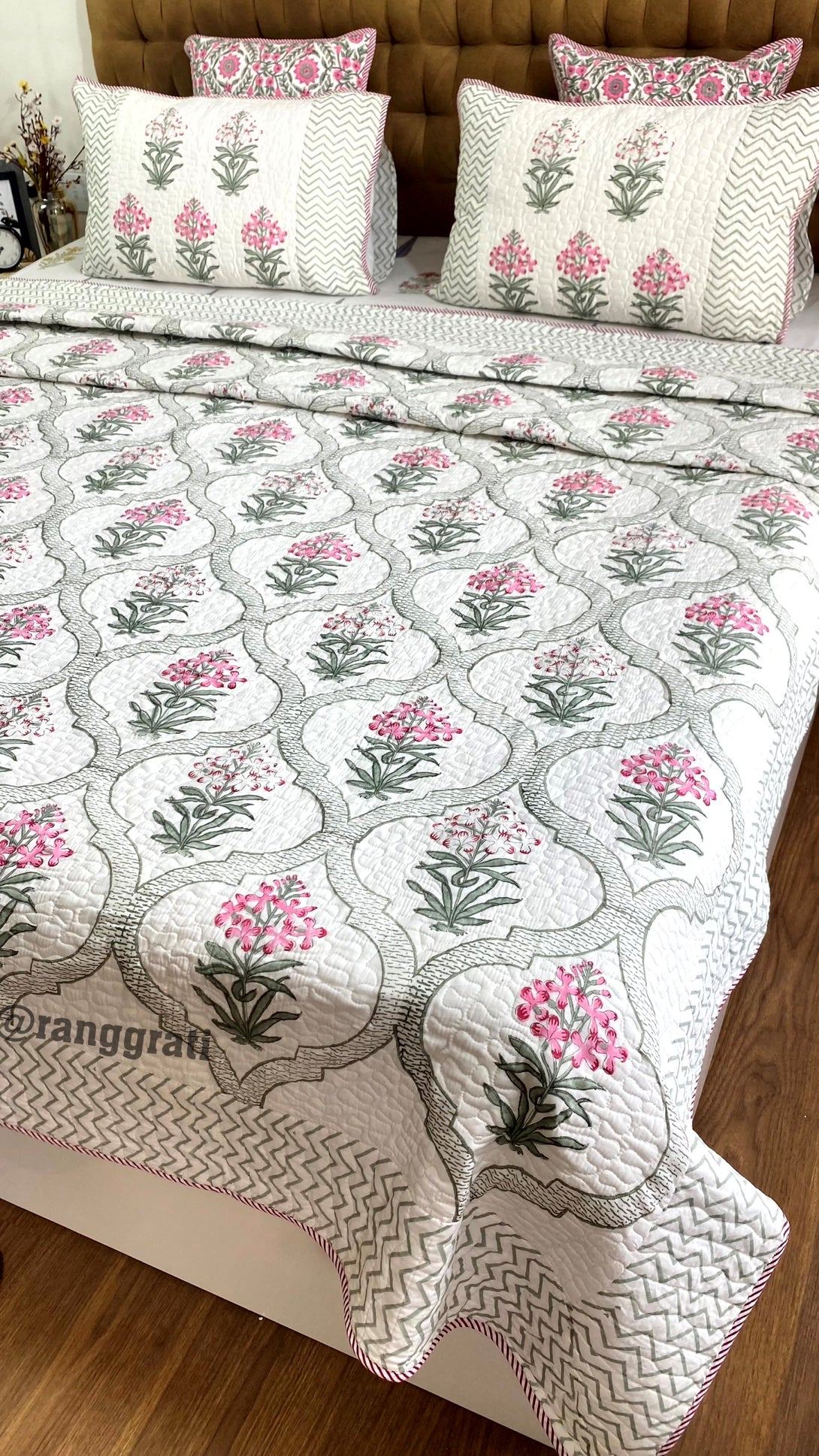 Pink Ixora Floral Quilted Bedcover Mulmul Voile King Size