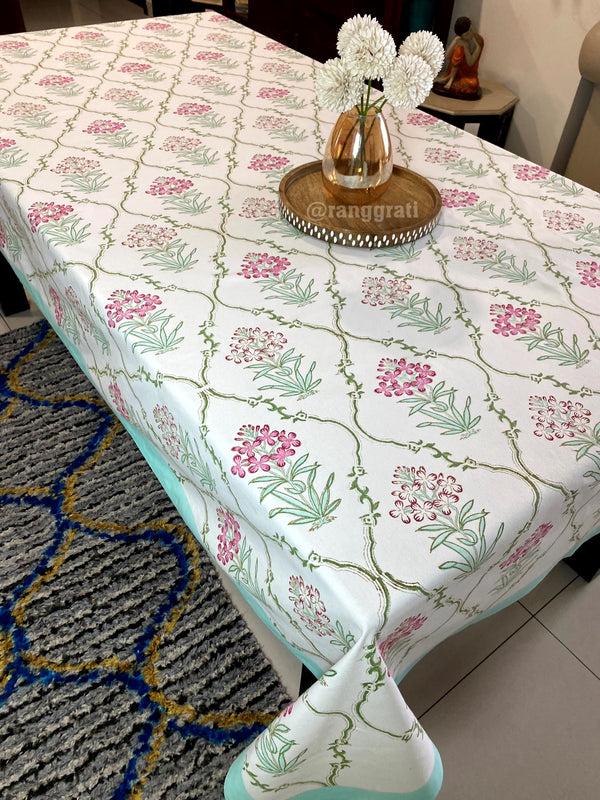 Pink Ixora Floral Table Cover Cloth 8 Seater Dining Table Rectangular
